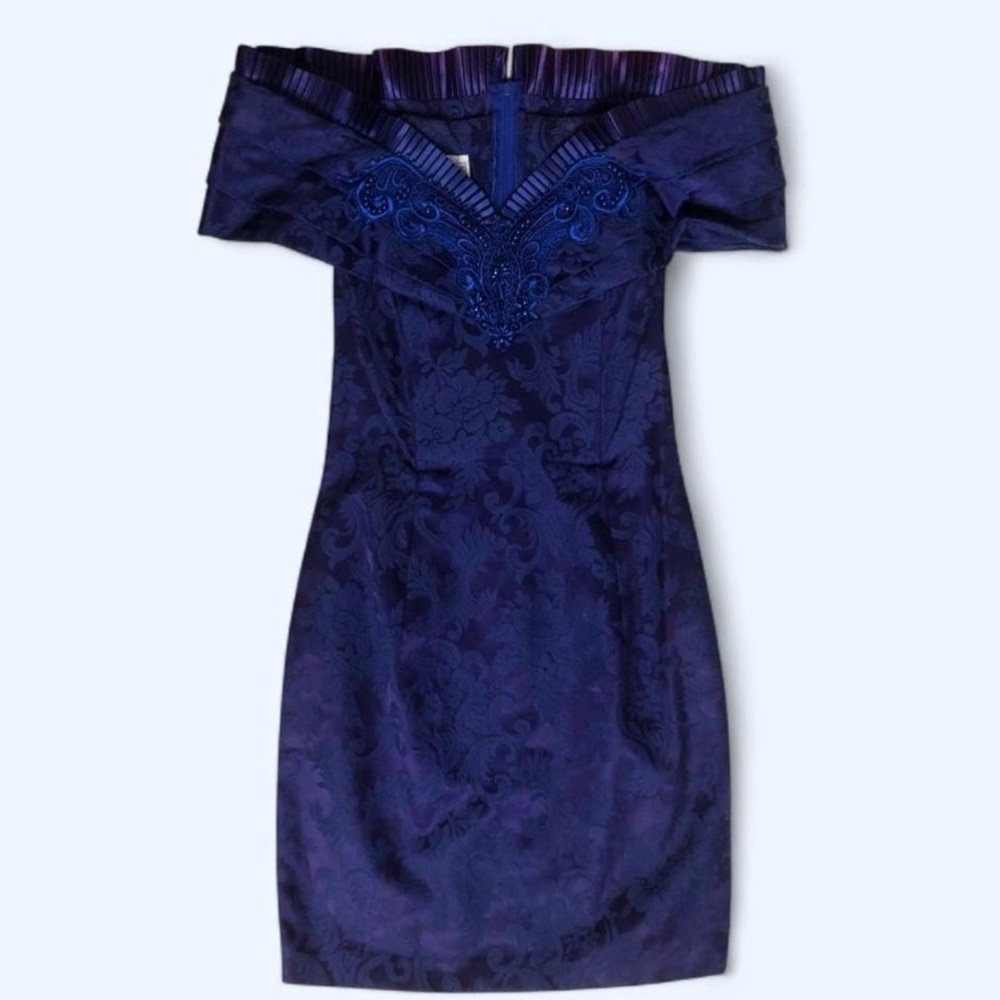 Jessica McClintock Gunne Sax 1980s Off the Shoulder Bluish Purple Dress